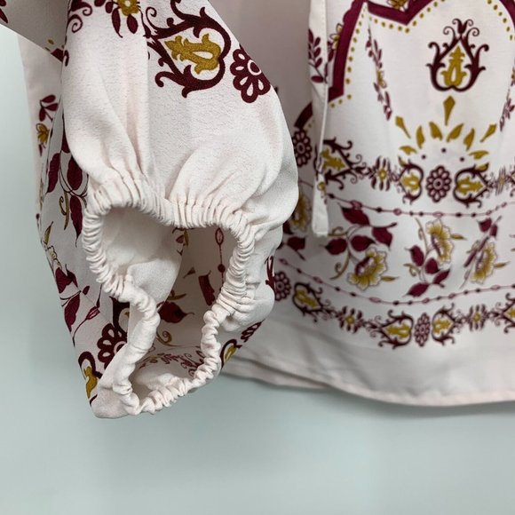 Bobeau Top Floral Print Peasant Pink Tie V Neck Long Sleeve Boho - Picture 7 of 12